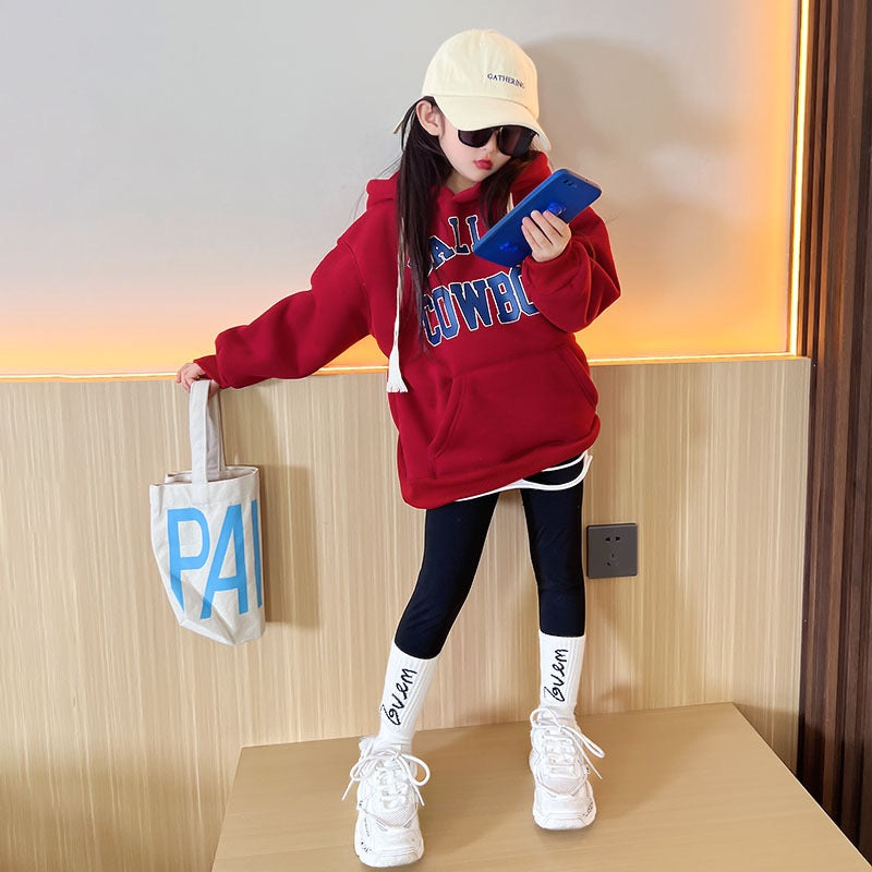 Girls' foreign style plus fleece sweater 2022 winter new hoodie tops for big children fashionable all-match thickened warm