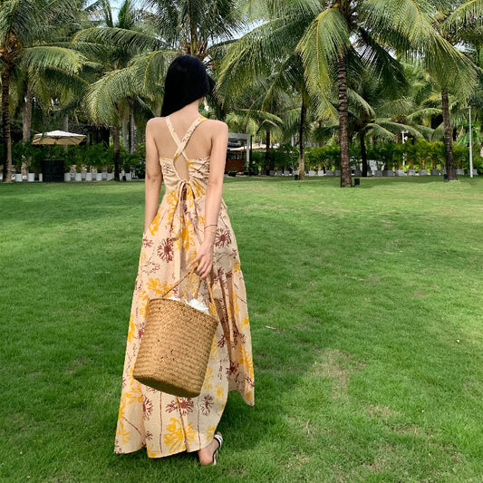 Printed backless bowknot floral chiffon dress female summer seaside vacation suspender skirt long section big skirt
