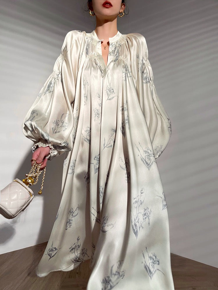 Aconiconi｜Nagamachi raving French style fixed dyeing printed imitation silk dress loose niche design long skirt