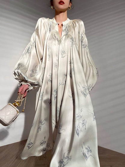 Aconiconi｜Nagamachi raving French style fixed dyeing printed imitation silk dress loose niche design long skirt