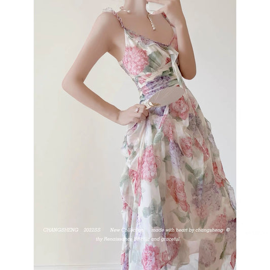 CHANGSHENG Qu Jing You Orchid Summer Temperament High Sense Sling Pleated Waist Floral Holiday Dress 1426