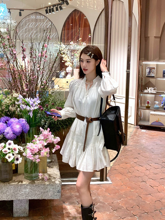 Buckwheat Qiaoqiao "Arrogant Princess" French pleated high-end sweet fairy mid-length dress with belt