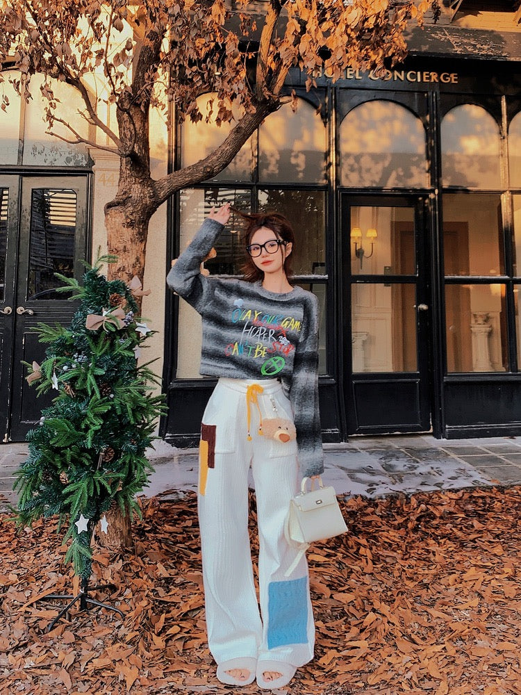 [Earth Shop] Detachable Bear Patch Contrast Color White Elastic Waist Casual Pants Female High Waist Loose Straight Leg Pants