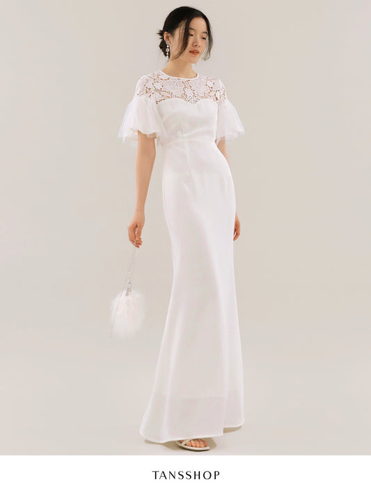TANSSHOP fairy white lace splicing long skirt mesh sleeves pleated high waist round neck mermaid dress skirt