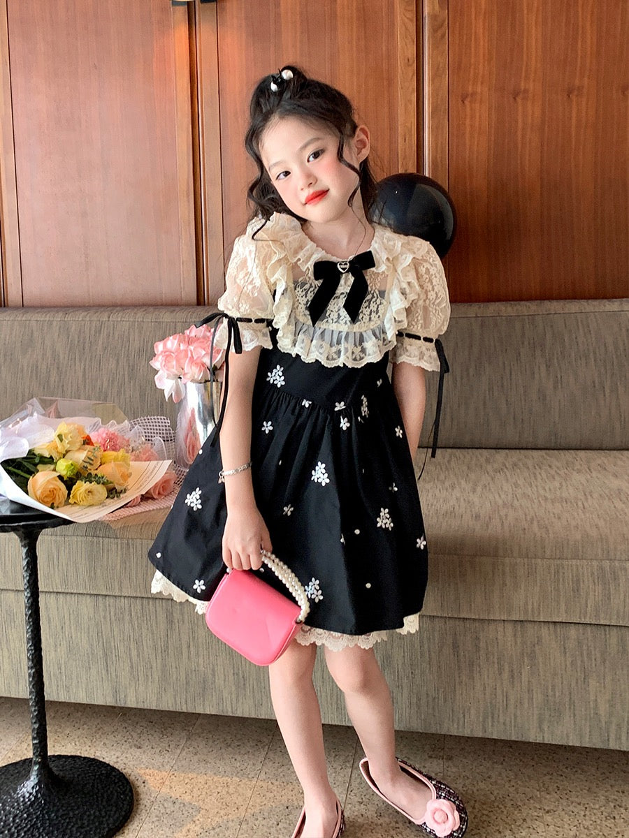 Original Girls Little Fragrance Style Lace Embroidery Dress Summer 2023 New Children's Celebrity Style Puff Sleeve Princess Dress