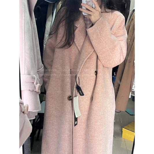 Pink gentle wind woolen coat ladies autumn and winter high-end middle-length small lazy style thickened coat