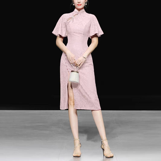 2022 summer new fashion improved cheongsam skirt elegant lotus leaf sleeves beaded light pink lace dress women