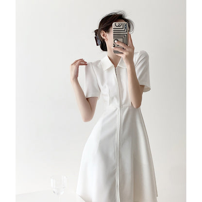 French white gentle Hepburn style short-sleeved shirt dress summer chic design sense short temperament little white skirt