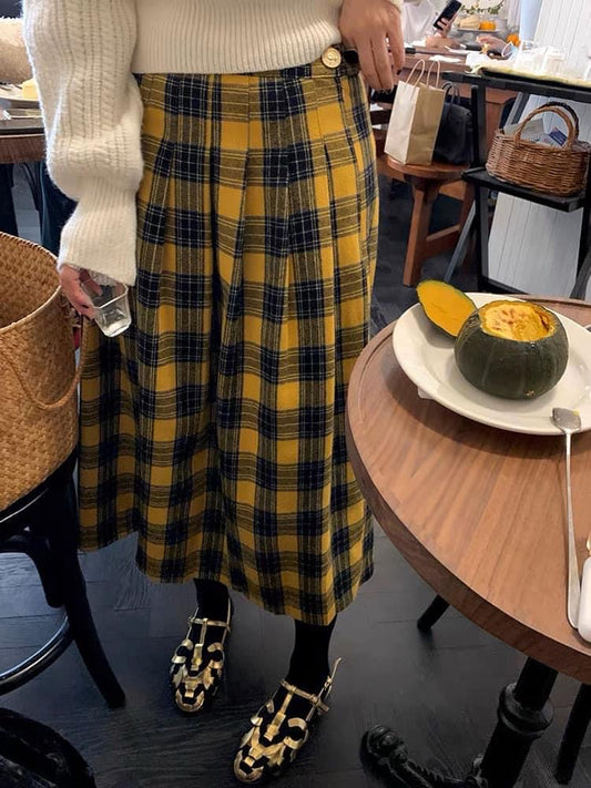 Luoluoxuanjie skirt women's autumn and winter yellow plaid skirt A-line skirt 2022 new woolen small man winter skirt