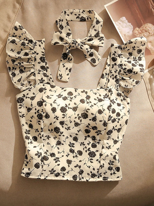 French retro chiffon floral camisole feminine hot girl slim fit with chest pad short sleeveless top