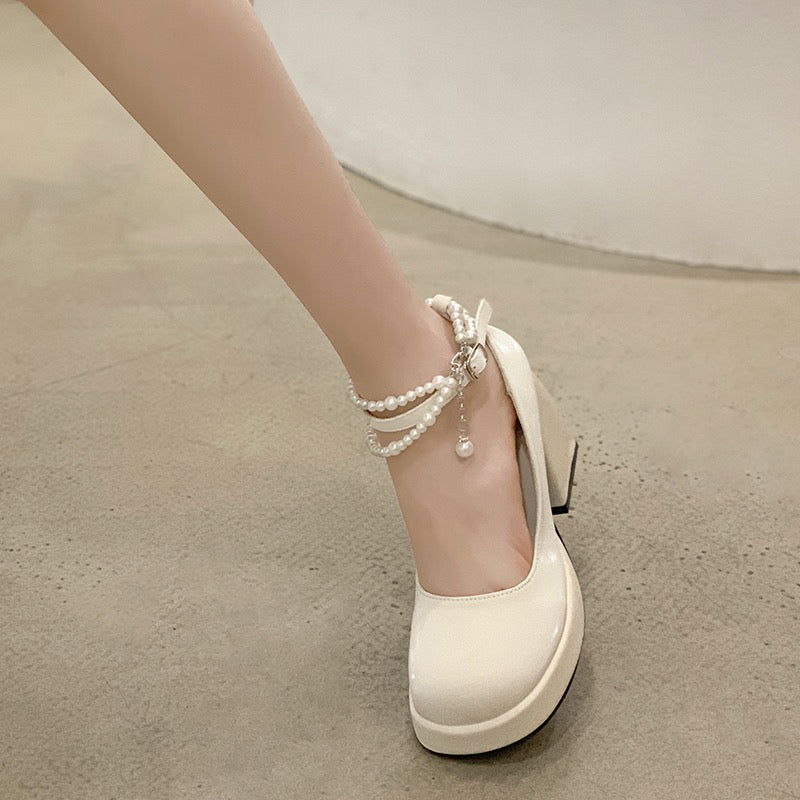 Jiabu fake single shoes women's 2023 spring new fashion all-match Japanese retro pearl high-heeled foreign style Mary Jane shoes