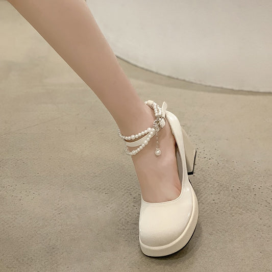 Jiabu fake single shoes women's 2023 spring new fashion all-match Japanese retro pearl high-heeled foreign style Mary Jane shoes