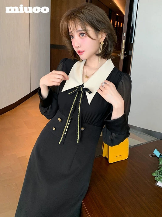 miuco contrast color lapel bow see-through gauze sleeve double breasted high waist dress women's 2022 spring and summer new