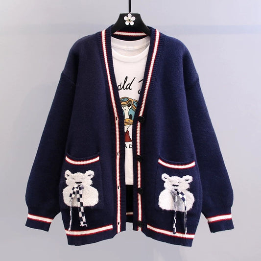 Japanese cartoon bear sweater jacket women's autumn and winter 2022 new loose college style Western style age-reducing knitted cardigan