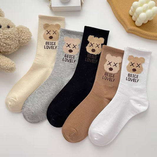 Stockings female Korean version cute net red all-match medium tube socks ins tide spring and autumn cotton sports bear stockings