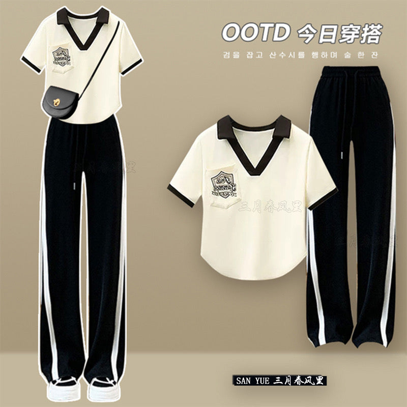 Polo collar short-sleeved summer suit women's 2023 new net red two-piece suit for age reduction casual wide-leg pants