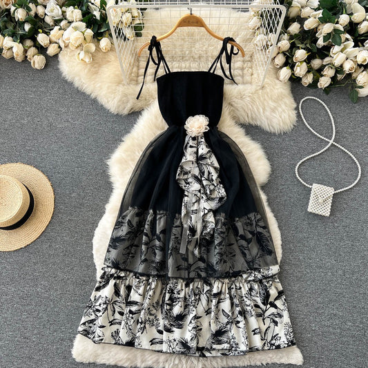 High-end niche design printing temperament suspender dress female summer beautiful waist temperament dress skirt