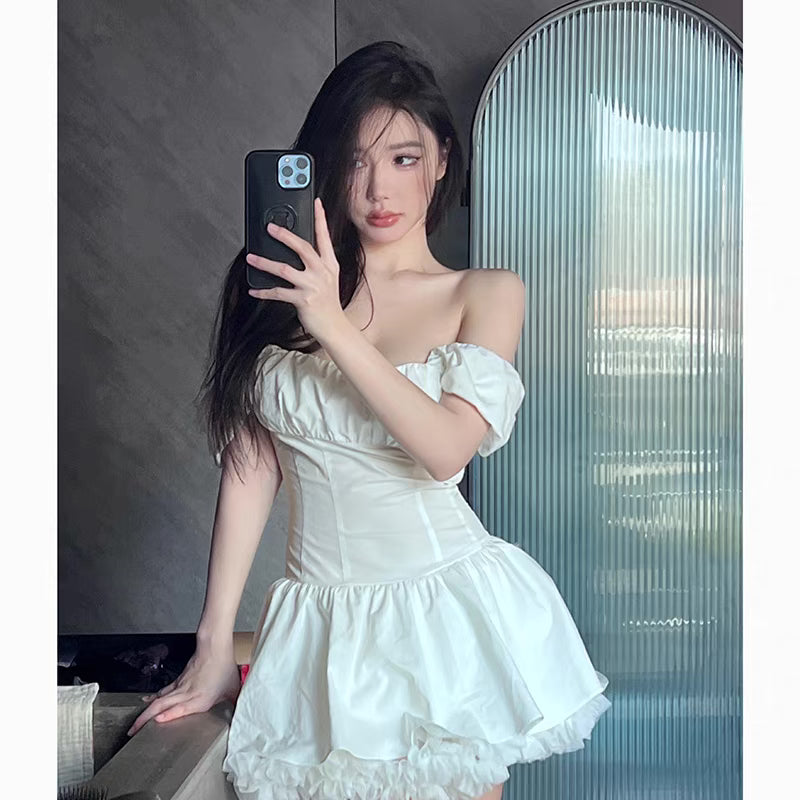 Yuanyuan sauce SAYUKI.Y design sense niche white chic word collar waist slim A-line dress 1157
