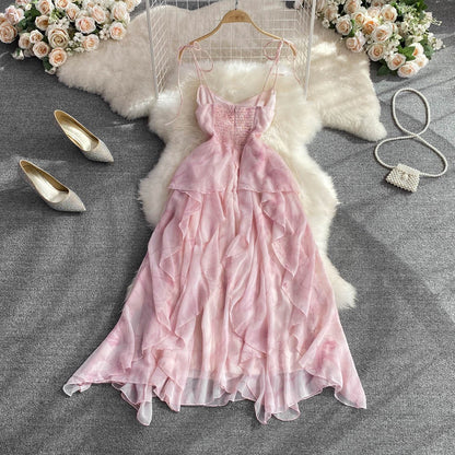 First love floral sling dress women's summer high-quality French high waist slimming a-line ruffles long skirt