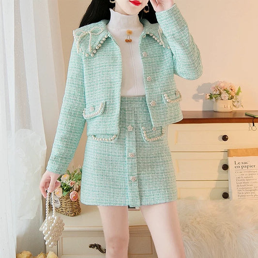 Small fragrance suit women's autumn and winter 2022 new temperament heavy industry beaded tweed jacket and skirt two-piece set