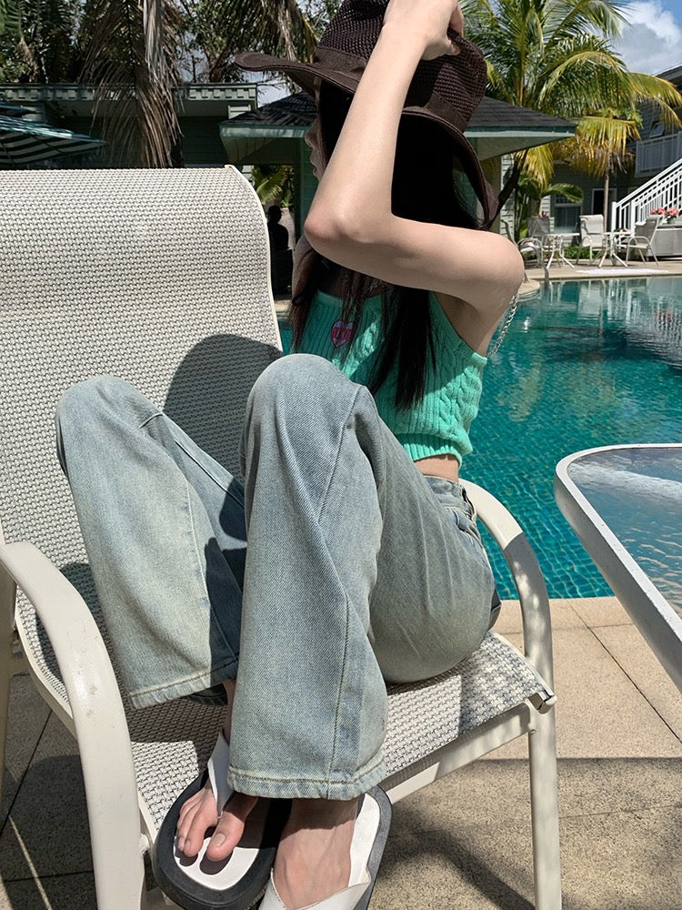 Light-colored jeans women's summer new Hong Kong style retro loose straight trousers high waist slim wide leg mopping pants