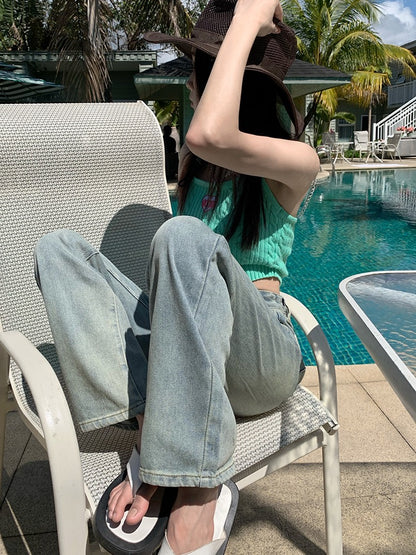 Light-colored jeans women's summer new Hong Kong style retro loose straight trousers high waist slim wide leg mopping pants