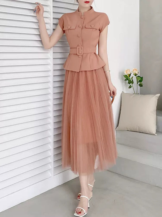 Original design casual mesh skirt suit women's summer high-end temperament bean paste powder sleeveless top two-piece skirt 1824