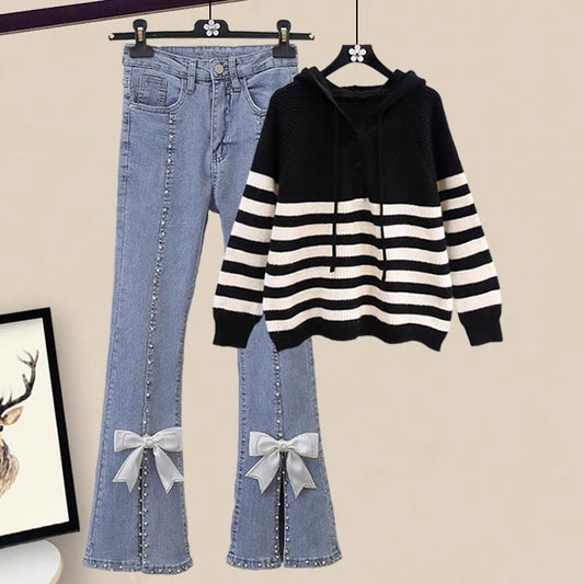 Autumn Japanese gentle wind hooded striped sweater bow jeans sub suit female milk wear two-piece suit