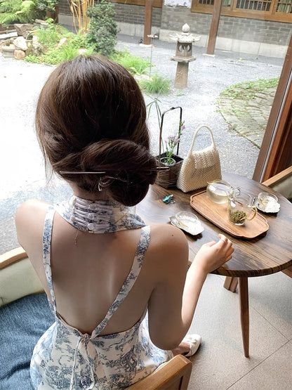 DoggyQin drunk spring mandarin duck/new French halterneck retro elegant slim slim Monroe print dress