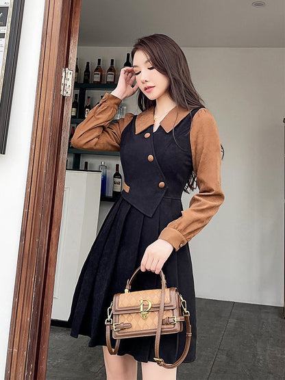 Pleated skirt 2022 new women's autumn and winter coffee color stitching lapel fake two pieces retro French daughter dress