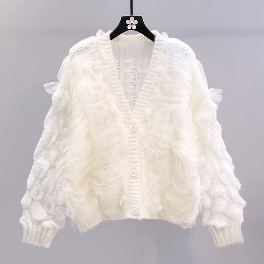 Small fresh mesh design sweater coat women's early autumn 2022 new Korean version loose and western style knitted cardigan