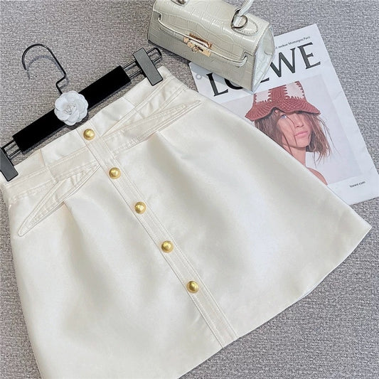 2022 summer new Korean version of the net red style Western style design sense cross waist slim copper buckle all-match high waist skirt 1632