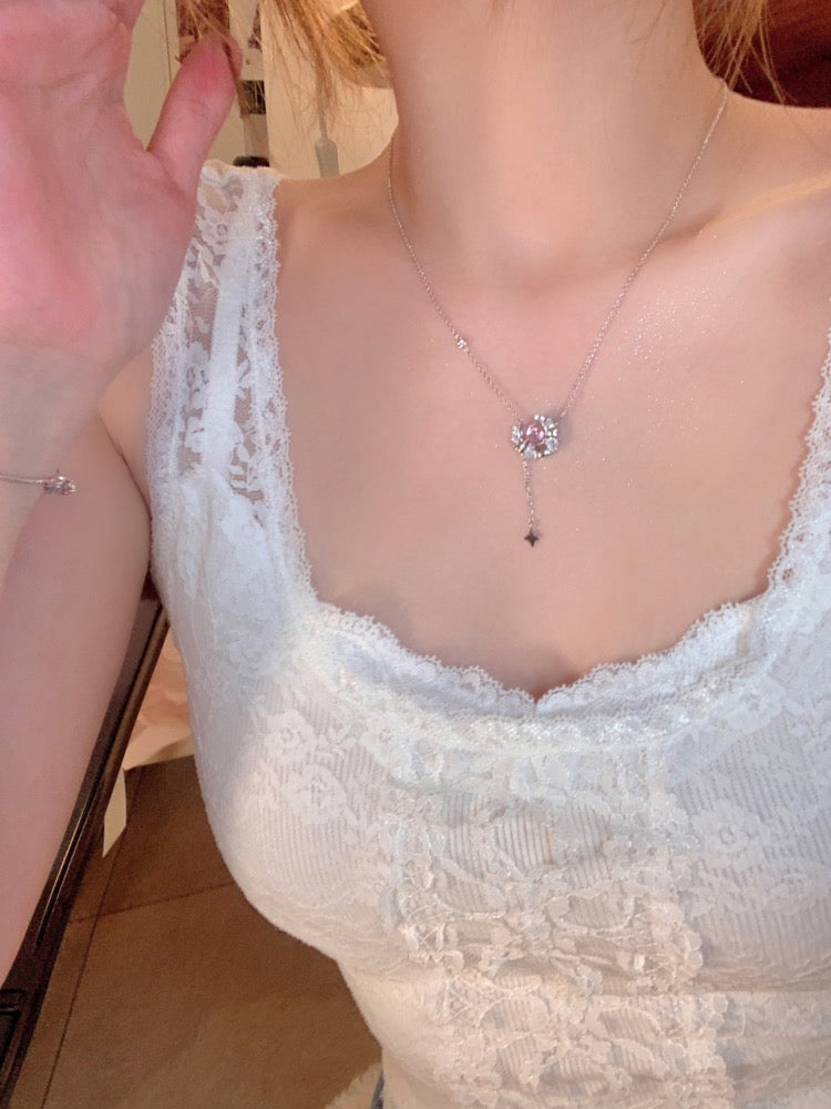 Delicate and sweet pink zirconium tassel necklace girls light luxury niche design sense high-end necklace temperament versatile clavicle chain