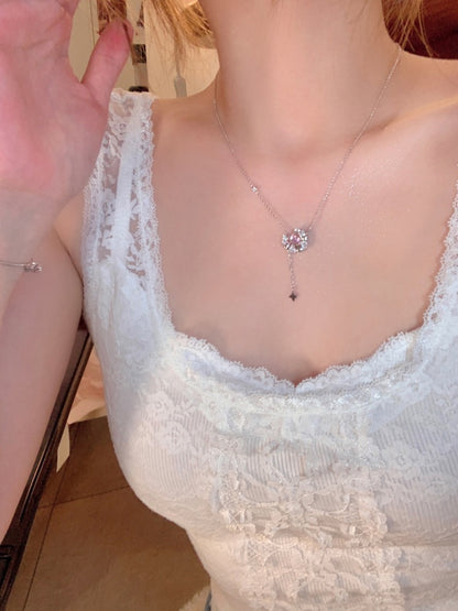 Delicate and sweet pink zirconium tassel necklace girls light luxury niche design sense high-end necklace temperament versatile clavicle chain