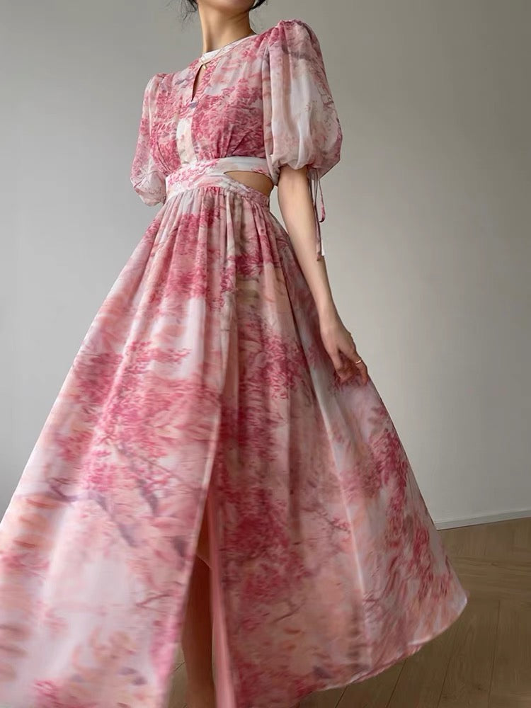 Aconiconi｜Sakura Luo French Art Print Aesthetic Atmosphere High Design Sense Showing Waist Long Dress