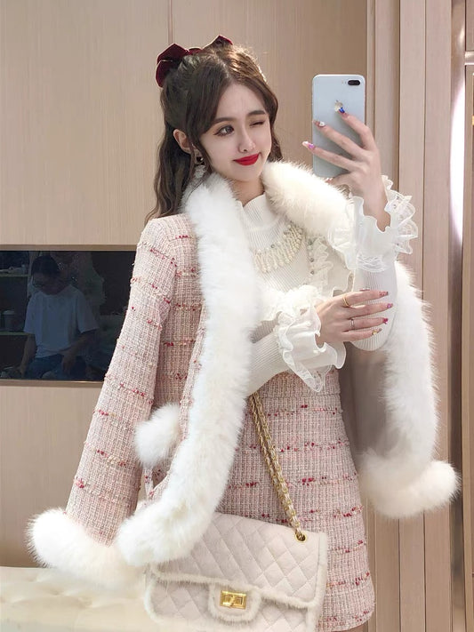 Sweet lady temperament suit flower tassel fur coat skirt autumn and winter new fashion two-piece women