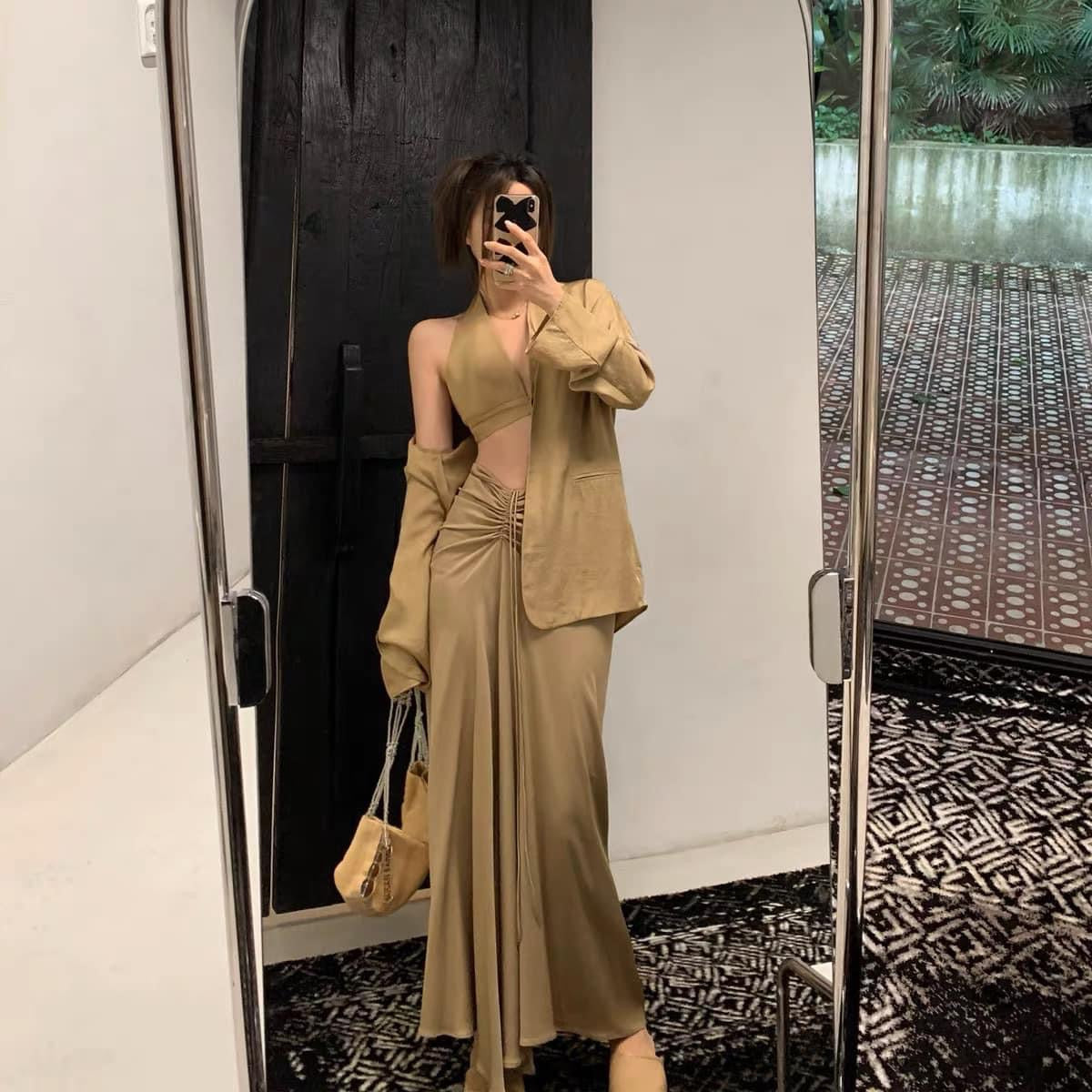 Middletone | Silky Skirt Twill satin drawstring pleated long front and short back short temperament high waist skirt