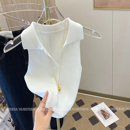 Hong Kong flavor pink polo collar knitted vest female 2023 spring and summer new chic hot girl sexy halter neck sleeveless top