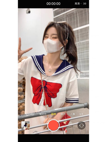 GUOGUOWOMEN navy collar dress women's summer loose and thin bow print casual skirt 1192