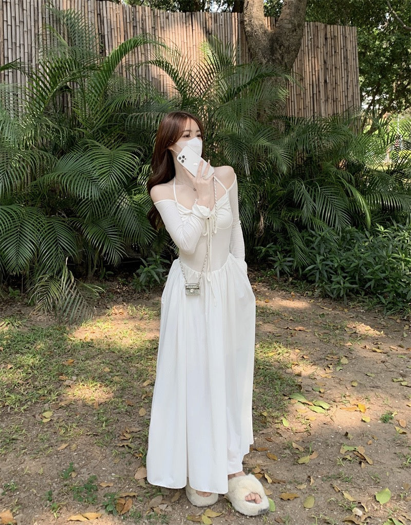 French one-shoulder hanging neck suspender dress niche design sense summer women's waist slimming fairy skirt long skirt