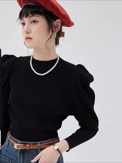 AMUU puff sleeve long-sleeved knitted T-shirt women's 2022 autumn and winter new fashion all-match design niche tops