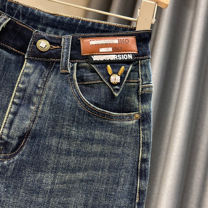 Contrasting color high waist denim skirt women's autumn new style thin all-match rear slit retro high waist bag hip long skirt