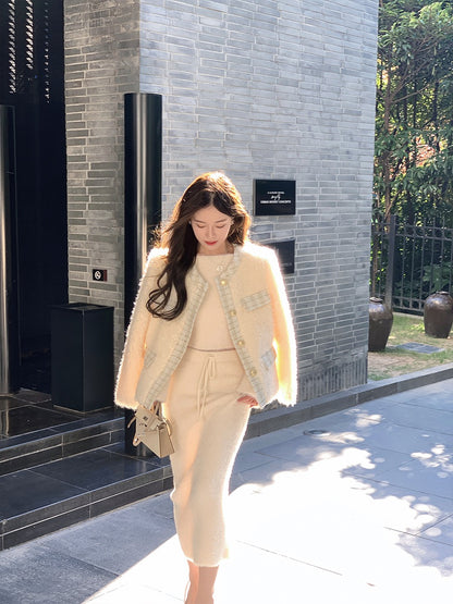ByYou winter high-quality apricot imitation mink knitted sweater suit women's thickened long hip skirt two-piece set