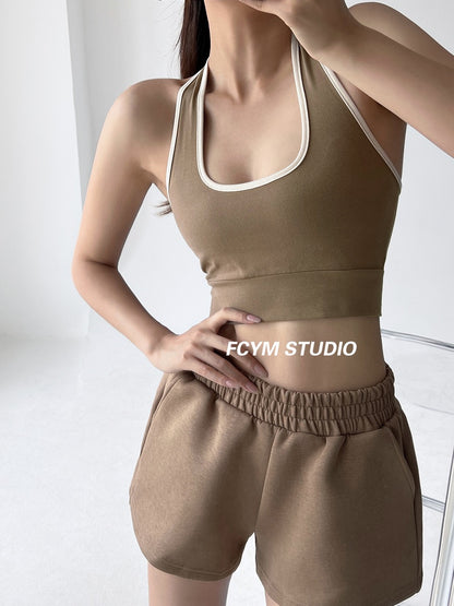 European and American color contrast halter neck halter camisole women's summer slim outerwear elastic sexy hot girl short crop top