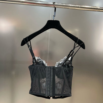 Grapefruit MM2022 black and white contrasting color embroidery hook flower straps to narrow the waist and make you look thin and see through European and American hot girl style vest