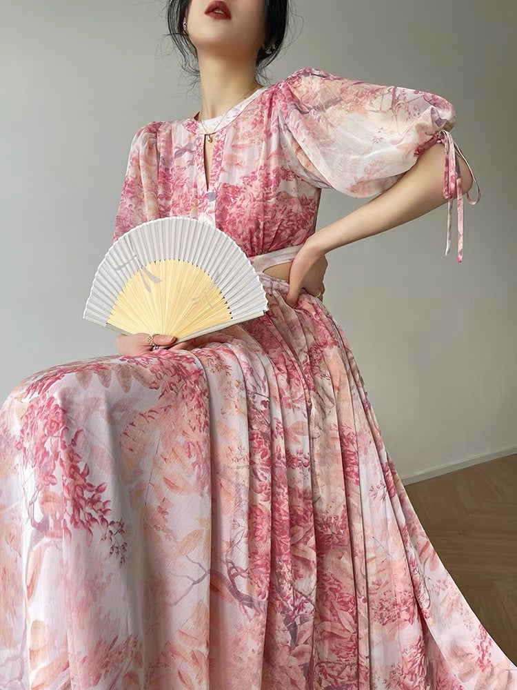 Aconiconi｜Sakura Luo French Art Print Aesthetic Atmosphere High Design Sense Showing Waist Long Dress