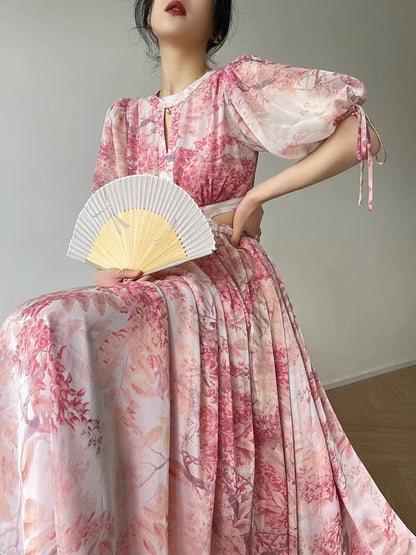 Aconiconi｜Sakura Luo French Art Print Aesthetic Atmosphere High Design Sense Showing Waist Long Dress