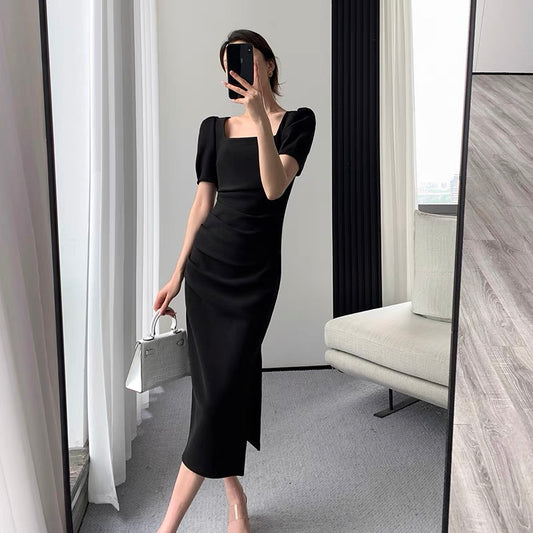 FT GUOGE black dress women's 2022 summer new waist slim French temperament Hepburn style square collar long skirt