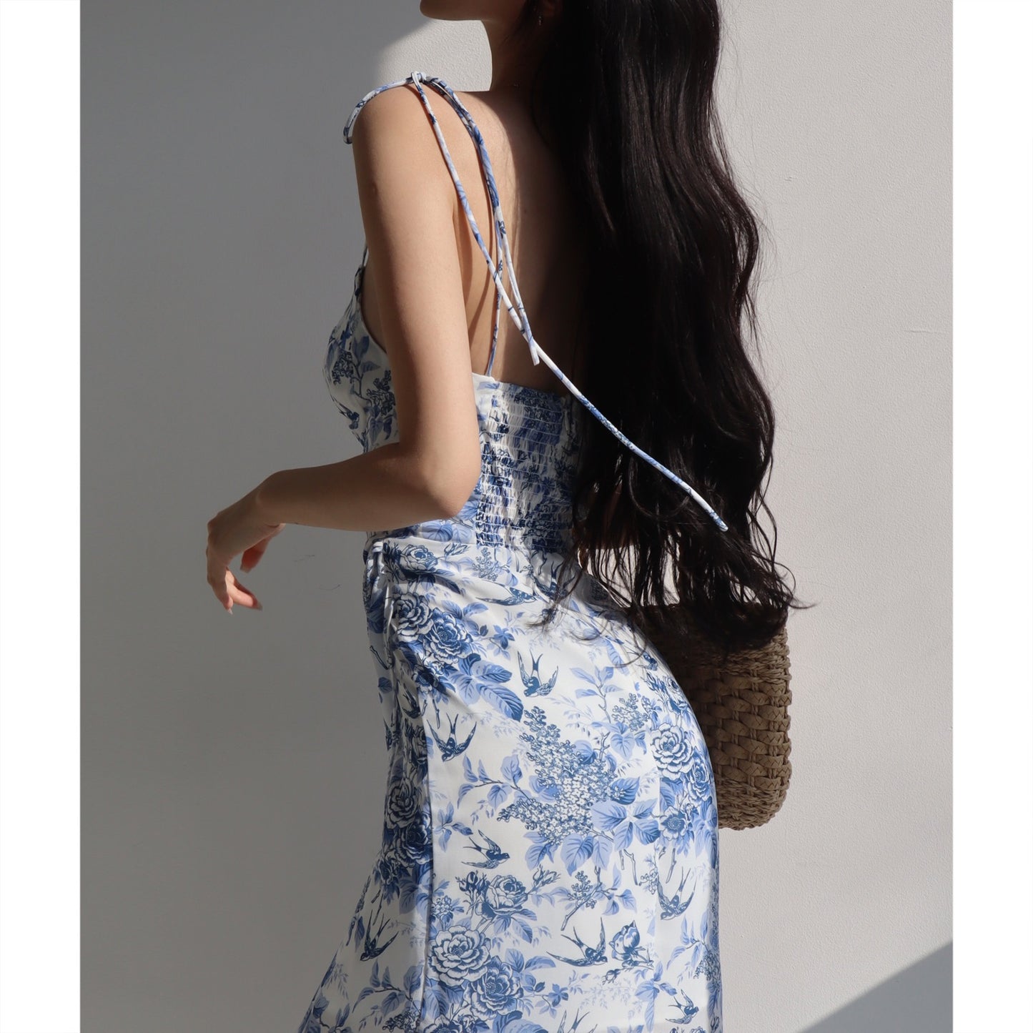 French Ink Blue Print High Waist Suspender Dress Retro Sexy Waist Slim Side Slit Holiday Dress Long Skirt