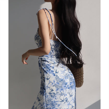 French Ink Blue Print High Waist Suspender Dress Retro Sexy Waist Slim Side Slit Holiday Dress Long Skirt